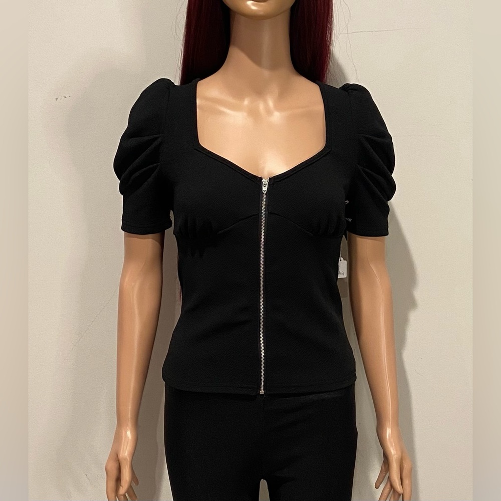 Black Puff Shirt with Silver Zipper